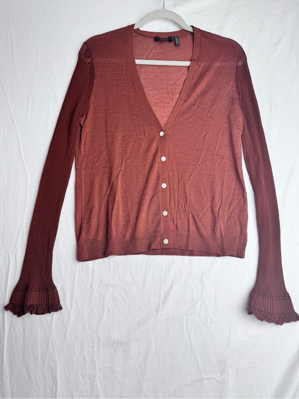 Theory Wool Blend Sheer Sleeve Ruffle Cuff Cardigan Size M Rust Red - Picture 2 of 8